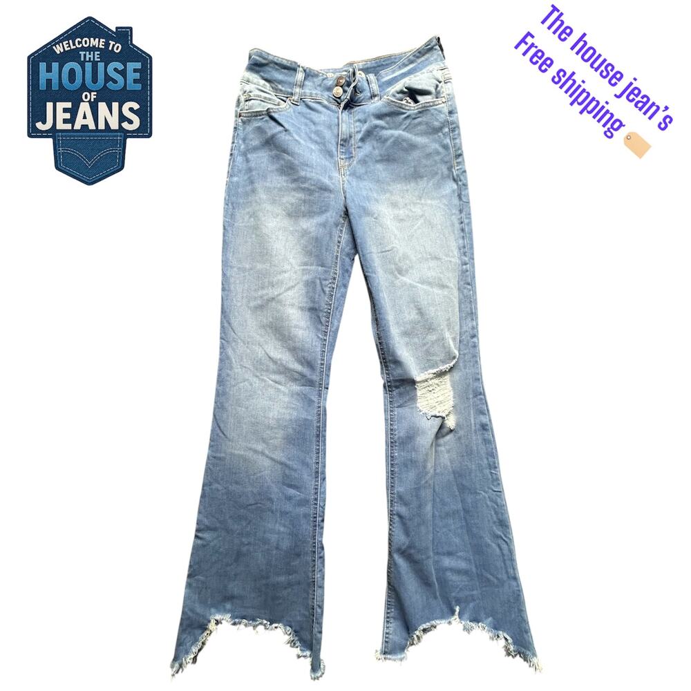Rewash High Rise Flare Jeans Women’s Size 9/29 –  Distressed Hem, Light Wash